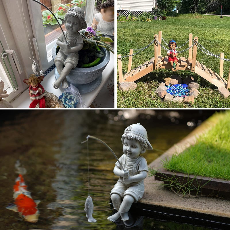 Goodeco Fisherboy Statue Garden Decor - 11" Little Fishing Guy for Koi Pond or Waterfalls, Poolside Statue with Glow in Dark Pebbles Included, Great Gifts for Mom, Women or Birthdays, Gift Ideas - Image 4